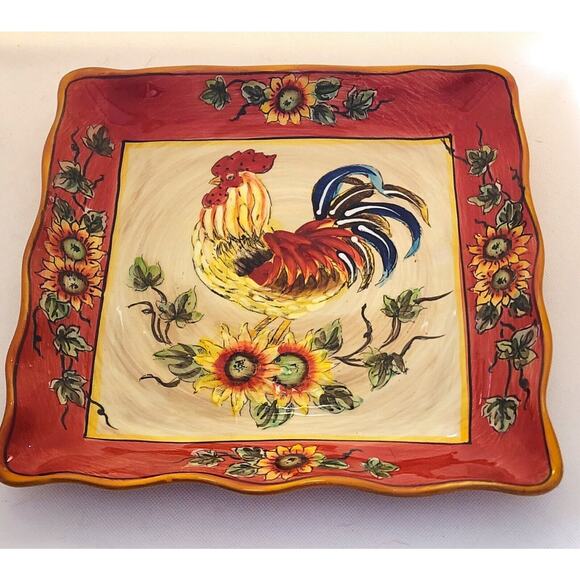 PLATTER/SERVING DISH-GALLO-Ceramic-Rooster-Sunflowers-Ruffled Edge-Decor-11"x11" - Picture 8 of 13